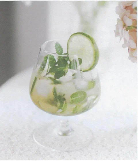 Ade de limón y menta, con rodaja de limón y menta de decoración