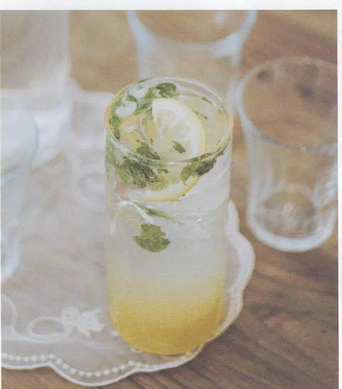 Ade de naranja, mango y hierbabuena, con rodaja de limón de decoración