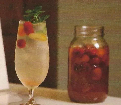 Ade de tomate y hierbabuena, con frambuesas, rodajas de limón y hierbabuena de decoración