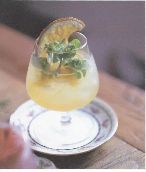 Ade de toronja y miel, con fruta deshidratada y hierbas de decoración
