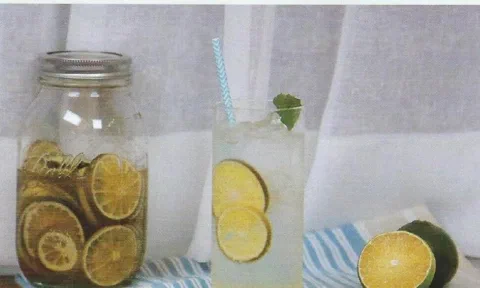 Gaseosa de mandarina, con rodajas de mandarina y hierbas de decoración
