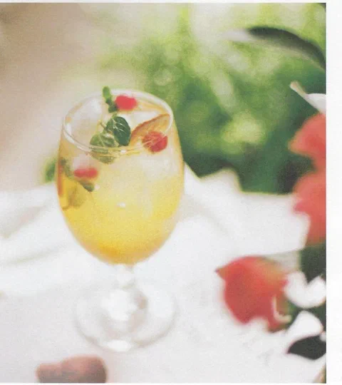 Ade de naranja y hierba luisa, con bayas congeladas y hierbas de decoración