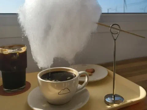 Café con algodón de azúcar y flores comestibles