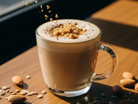 Latte de almendra, con crema de almendra y frutos secos encima