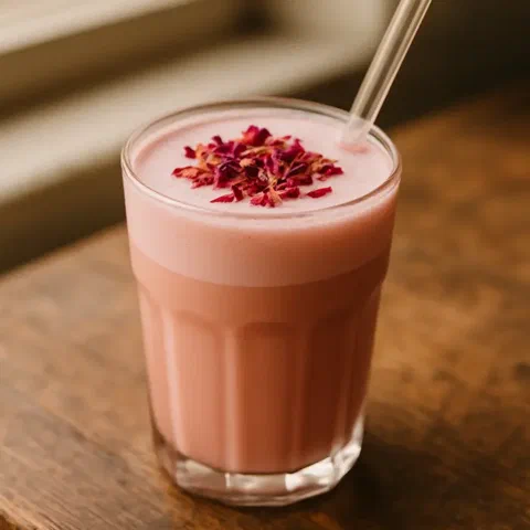 Latte de rosas, con pétalos de rosa comestibles encima