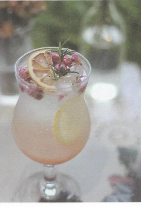 Ade de toronja, mandarina y té oolong, en copa, con rodaja de fruta deshidratada y romero