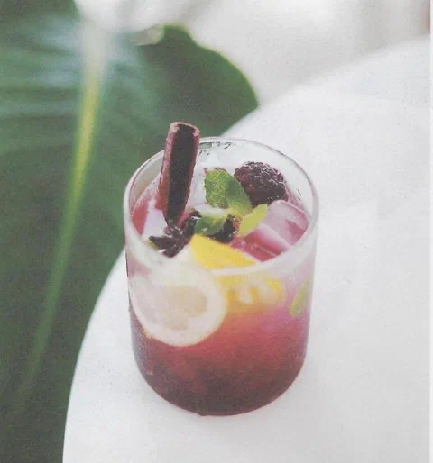 Vino caliente especiado helado, con rodajas de limón, berries congelados y canela
