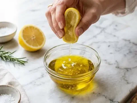 Exprimiendo limón sobre un bowl con aceite de oliva para el aderezo de limón