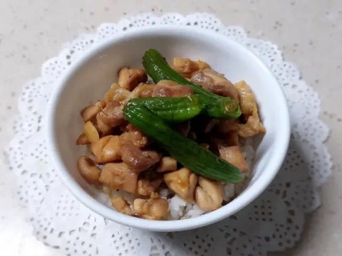 Pechuga de pollo chinjao rosu, salteada en tiras con pimiento y brotes de bambú, sobre arroz