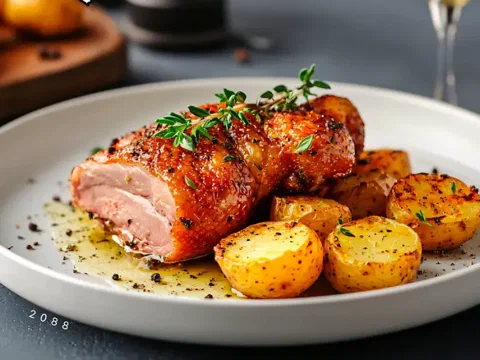 Pechuga de pollo confit, dorada por fuera y jugosa por dentro, con papas asadas