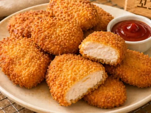 Nuggets de pechuga de pollo caseros, dorados y crocantes, con salsa de ketchup