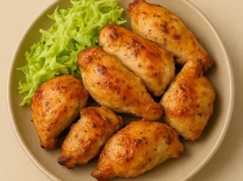 Pechuga de pollo tandoori dorada, servida sobre lechuga en tiras