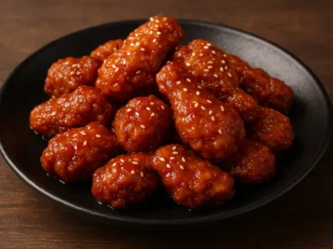 Pechuga de pollo yangnyeom, frita y bañada en salsa coreana dulce-picante, con ajonjolí