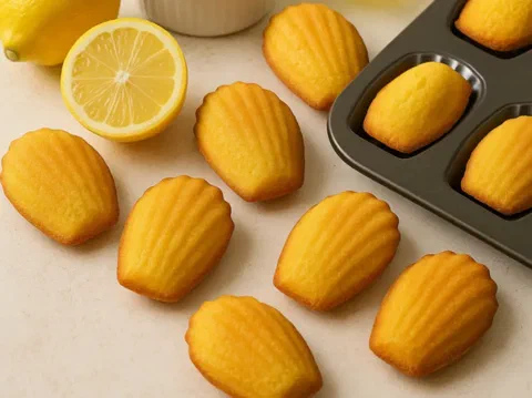 Madeleines de limón con la forma de concha clásica, junto a un limón cortado