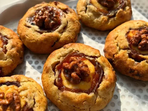 Galleta de trigo integral y nuez, con una nuez entera encima del centro de queso crema derretido