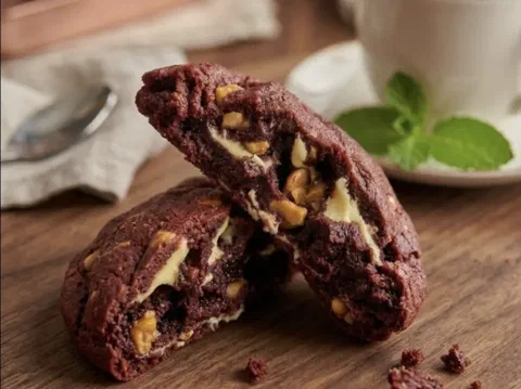 Galletas red velvet blancas, con el tono rojizo característico y chips de chocolate blanco