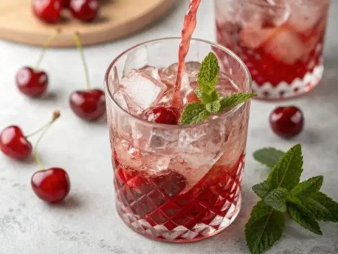 Almíbar de cereza servido en un vaso con hielo, cerezas y menta