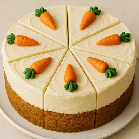 Torta de zanahoria en capas, cortada en porciones y decorada con zanahorias de fondant